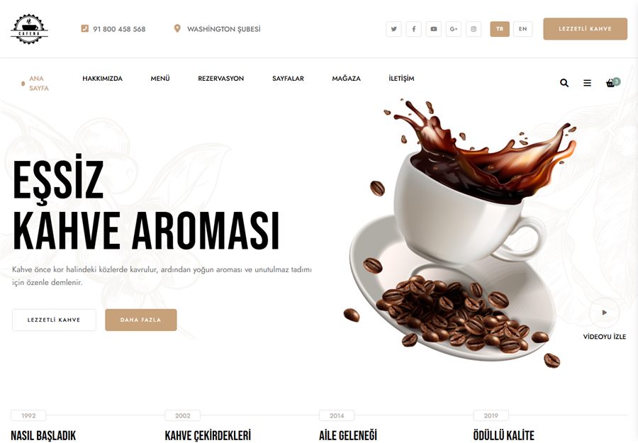 Cafe web sitesi demo ana ekran görüntüsü
